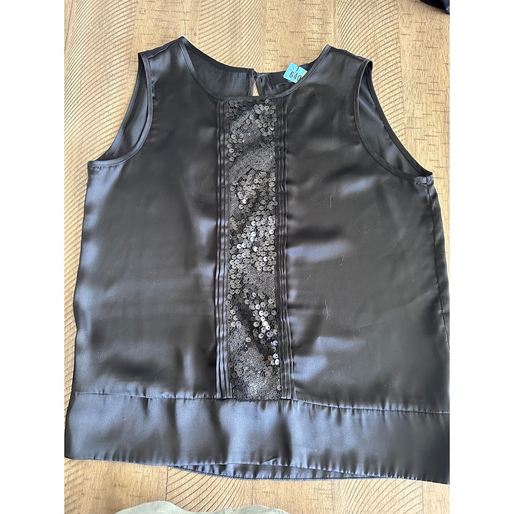 Vintage LIPSTICK Y2K Black Satin Sequin‎ Tank Top – Split Back – Size Small